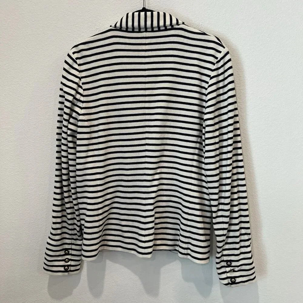 Tory Burch Womens Knit Striped One Button Blazer Jacket Navy White Size Large